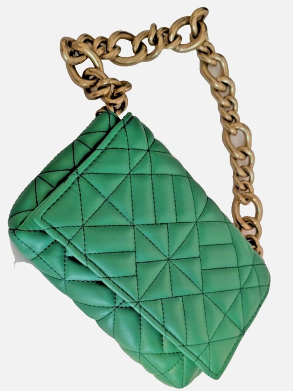 Zara Green Quilted Shoulder Bag Gold Chain Strap Faux Leather Handbag Purse